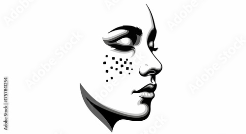 Thoughtful woman with subtle dots on her cheek, in profile, with eyes closed
