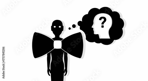 Silhouette of a person with a large bow tie pondering a question in a thought bubble