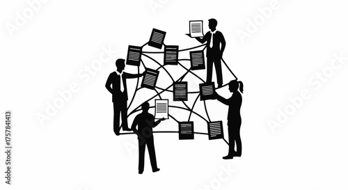 Diverse team collaborating and connecting digitally, sharing information in a network