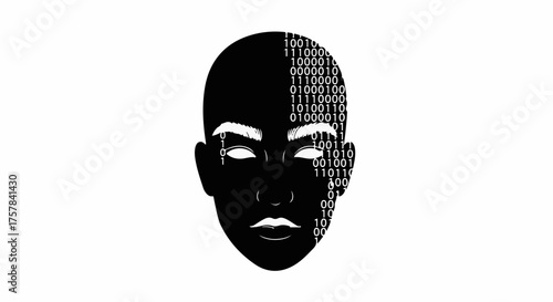 Futuristic human face merging with digital binary code, representing artificial intelligence and technology.