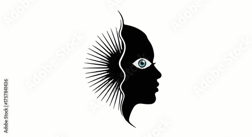Mysterious profile silhouette revealing an eye within a radiant, abstract sunburst.