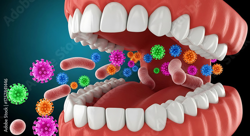 A detailed 3D illustration of an open human mouth filled with colorful bacteria and viruses, representing oral health and hygiene concepts