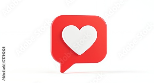 A 3D rendered icon of a red speech bubble with a white heart inside, representing likes or positive feedback