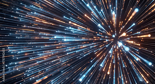 Dynamic explosion of blue and orange light streaks, abstract background of energy and motion