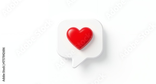 A 3D rendered red heart symbol within a white notification speech bubble, symbolizing social media engagement and positive feedback
