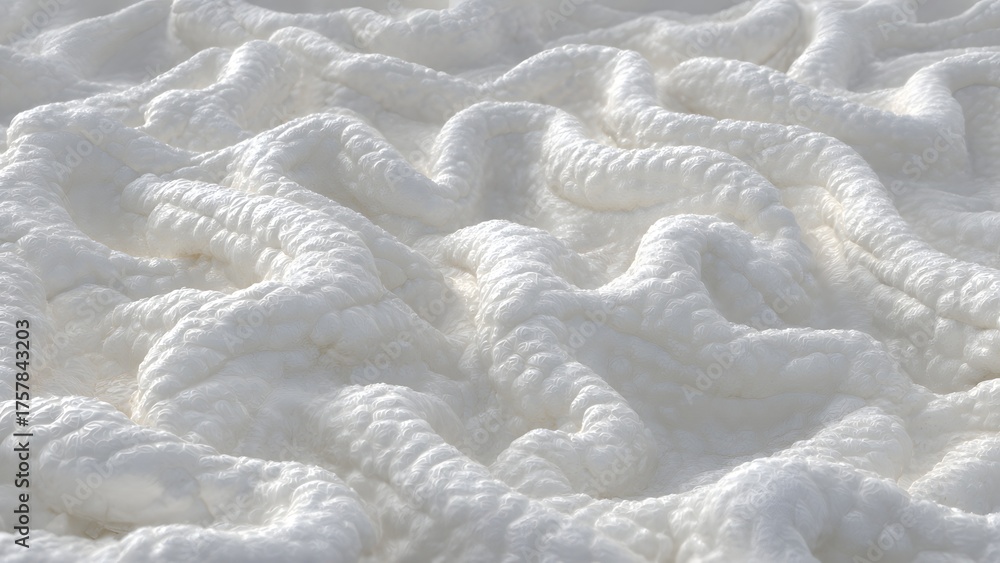 Fototapeta premium A close-up view of white fabric or fluffy material with wavy, abstract folds. The soft clean texture providing a pure and minimal background design.