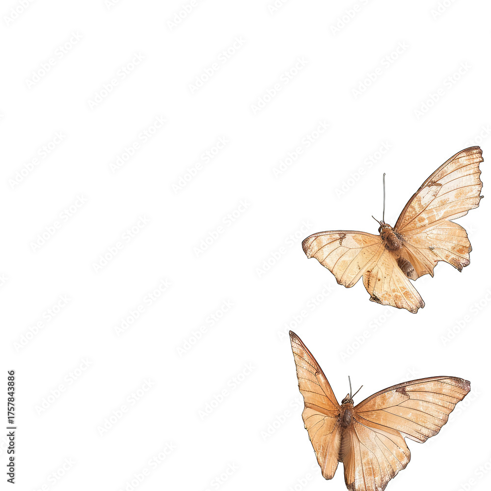 Obraz premium Two pale tan butterflies with intricate wing patterns float against a stark black background, suggesting movement and delicate beauty