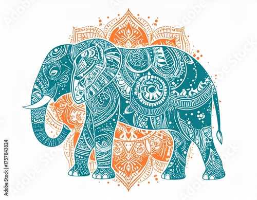 Ornate Teal and Orange Elephant with Intricate Mandala Patterns