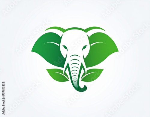 Green Elephant Head Logo with Leaves, Eco-Friendly Nature Symbol