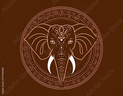 Ornate Elephant Head Mandala Illustration with Intricate Ethnic Patterns and White Tusks
