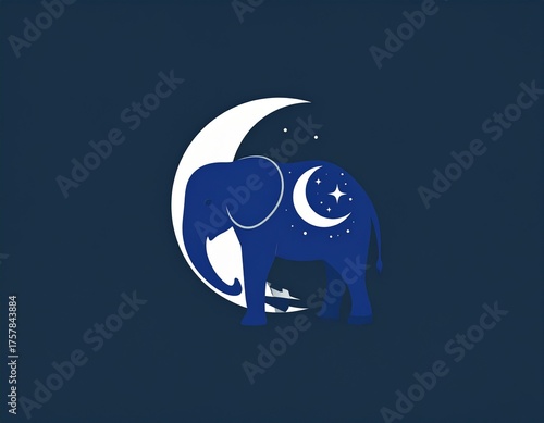 Stylized Blue Elephant Silhouette Against a Crescent Moon and Starry Night Sky