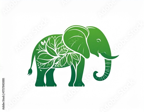 Green Elephant Silhouette with Leaf Pattern on White Background