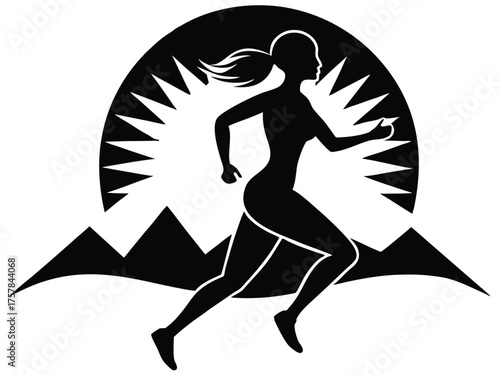 Vector art of silhouette of a woman running in front of mountains and a rising sun