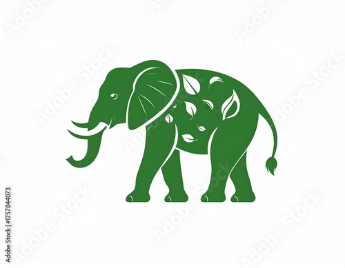 Green elephant silhouette with leaf pattern design, a symbol of nature, wildlife conservation, and ecology.