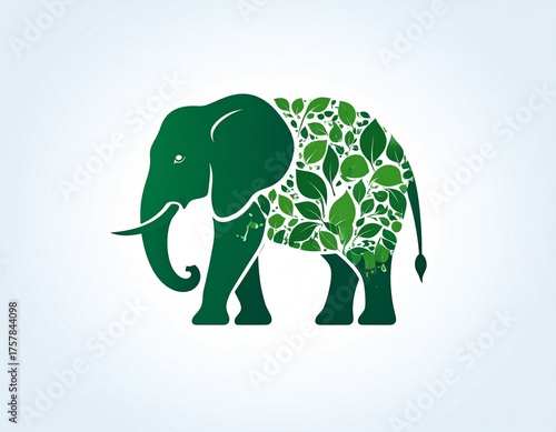 Green Elephant Silhouette Filled with Lush Leaves and Nature Elements