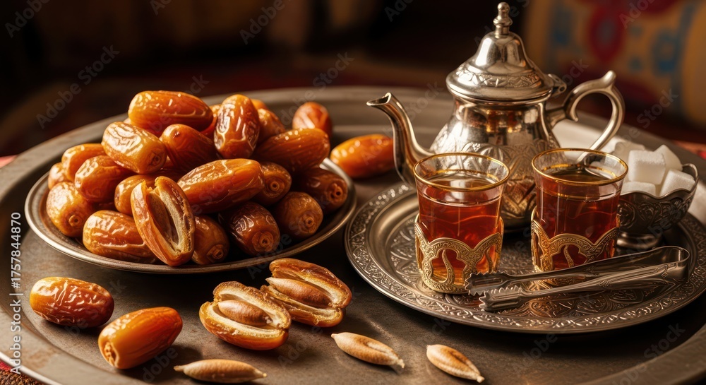 Fototapeta premium Elegance in simplicity dates and tea a tranquil moment of cultural appreciation and mindful