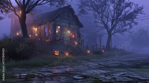 Haunting Halloween House, Night Foggy Road to Spooky House Adorned with Glowing Pumpkins
