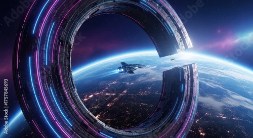 Fototapeta Naklejka Na Ścianę i Meble -  Futuristic orbital structure in deep space with cityscape viewed from above Earth
