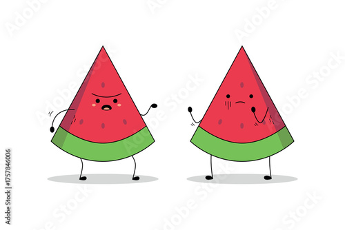 Cute watermelon slices cartoon character arguing doodle