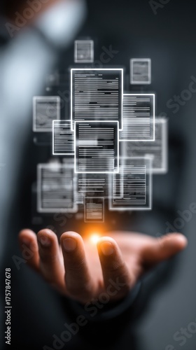 Businessman holding digital documents representing data, information and modern technology