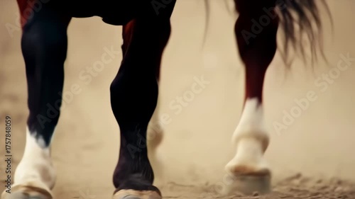 Close-up of a horse's legs in motion, kicking up dust