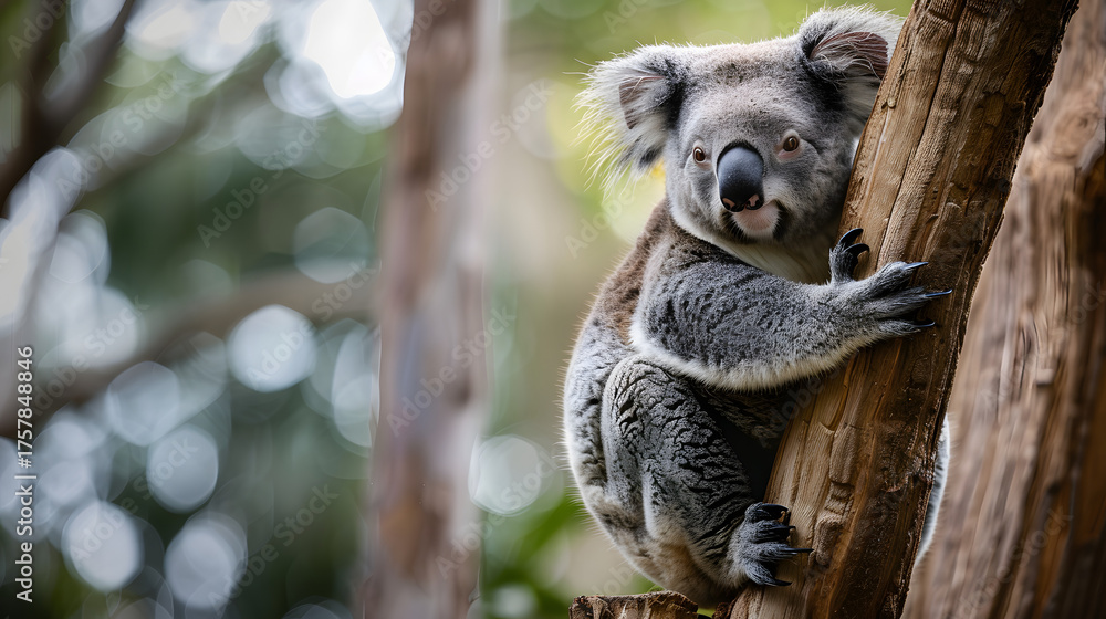 Obraz premium Koala clinging to tree trunk