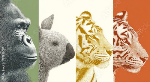 Artistic Representation of Four Distinct Animal Faces in Vibrant Colors and Styles
