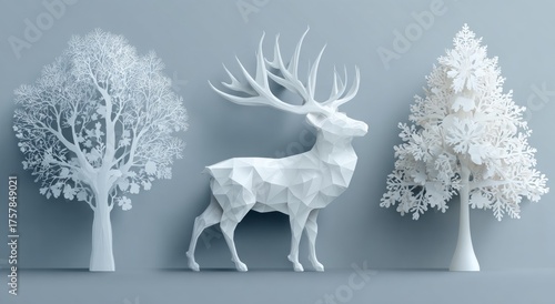Elegant White Deer and Trees in Minimalist Low-Poly Art Style for Modern Decor