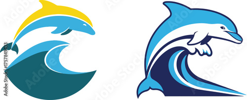 Stylized Blue and Yellow Dolphin Wave Vector Illustrations, Flat and Mascot Styles.