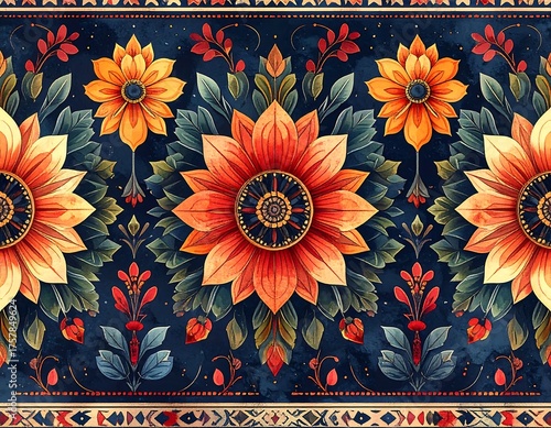 Floral Tapestry with Sunflowers and Intricate Patterns, Rich Colors.