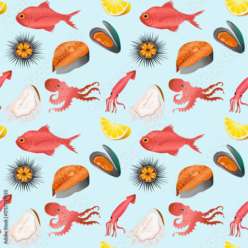 Seamless pattern background of shrimp, fish, octopus, shellfish. Delicious Seafood Medley Pattern with Sea Delights. Seamless pattern with seafood and fish