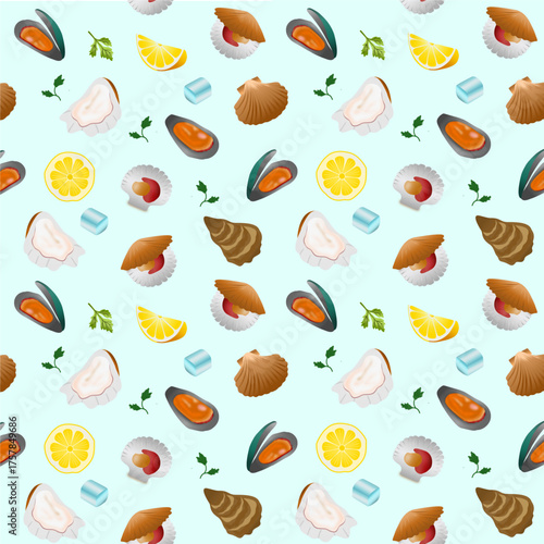 Seamless pattern background of shrimp, fish, octopus, shellfish. Delicious Seafood Medley Pattern with Sea Delights. Seamless pattern with seafood and fish