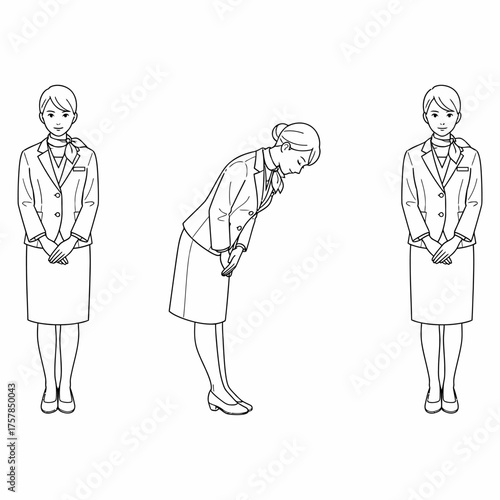 Female Service Staff Standing and Bowing in Uniform (Set of 3 Poses)