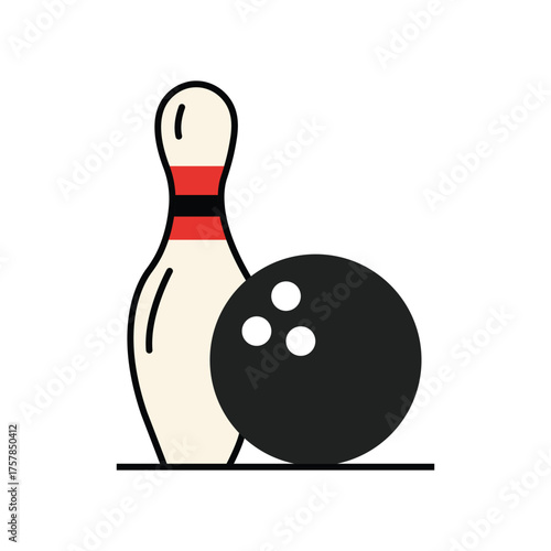 Bowling ball and pin are depicted with simple lines against the white background