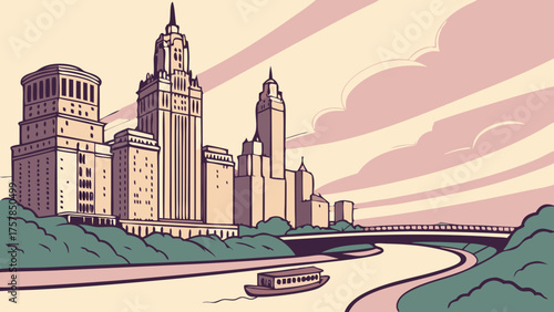 Nashville skyline vector art depicts a clevelandesque ohio river scene with a boat. Suitable for travel brochures, city guides, graphic designs.