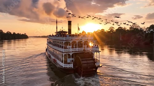Sunset Voyage on a Golden River A Vintage Steamship's Tranquil Cruise
