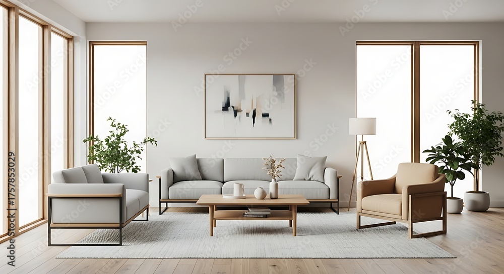 Fototapeta premium Bright contemporary living room interior with minimalist Scandinavian design and furniture