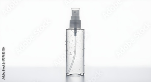 Clear cosmetic spray bottle in minimal white setting.