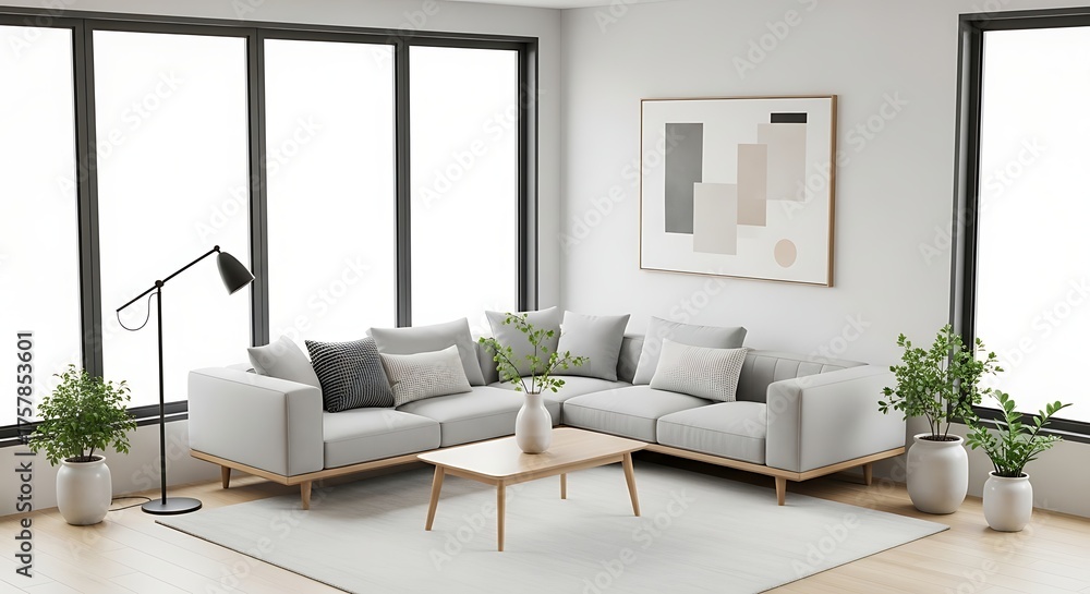 Fototapeta premium Bright and Modern Minimalist Living Room Interior Design with L-Shaped Sofa, Wooden Coffee Table, and Potted Plants, Showcasing a Serene and Stylish Home Environment with Abundant Natural Light