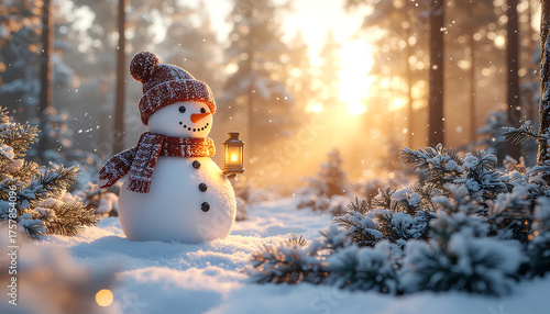 A cheerful snowman stands in a snowy forest, holding a glowing lantern as the sun shines through the trees.