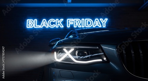 Automotive Black Friday deal advertisement. Car headlights shine under neon sign. Perfect for holiday season sales, dealership marketing, automotive promotion campaigns.