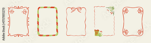 Merry Christmas and Happy New Year doodle whimsical frames set. Crayon, chalk, pencil, pastel freehand childish scribbles. Coquettish girly bow ribbon frame. Hand drawn cute kid drawings. Xmas border