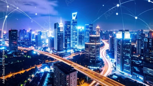 Wallpaper Mural Futuristic City Network at Night, Illuminated Skyscrapers, and Interconnected Roads Torontodigital.ca