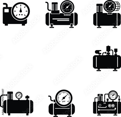 Air compressor icons, pneumatic system symbols, mechanical engineering tools, pressure gauge silhouettes, motor hose designs, compressor tank, valve control illustrations