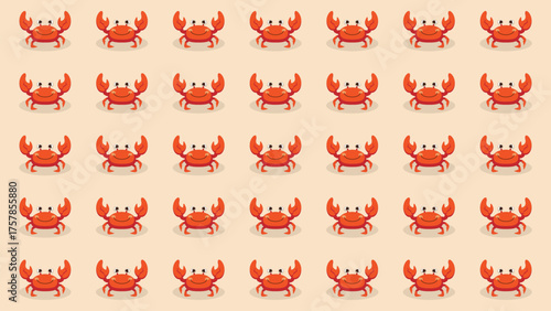 Seamless pattern with rows of cute cartoon red crabs on a light beige background. Fun marine life print perfect for kids' apparel, nursery, and summer projects