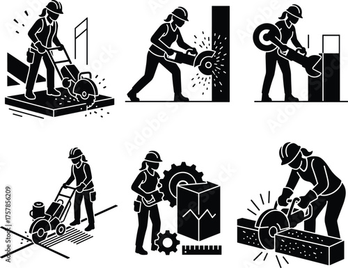 Construction workers cutting concrete, using circular saws, grinding metal, planning engineering tasks, safety gear, industrial tools, sparks, gear inspection, wood cutting