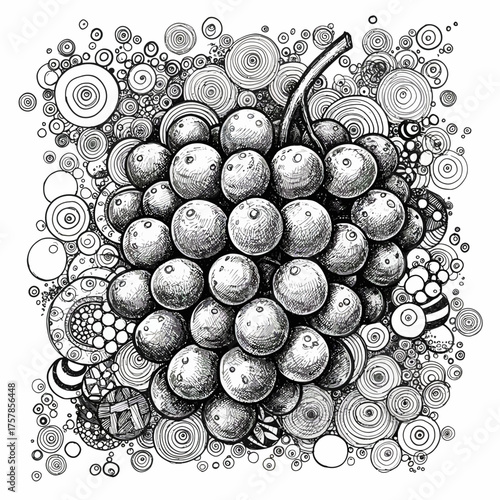 Intricate Black and White Grapes Illustration with Abstract Circles.