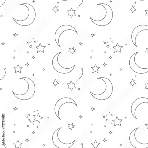 Seamless pattern of crescent moons and stars on a white background.