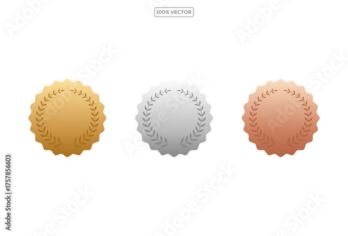 Set of gold medals with laurel decorations. Blank golden badges for awards, achievements, or certificates. vector