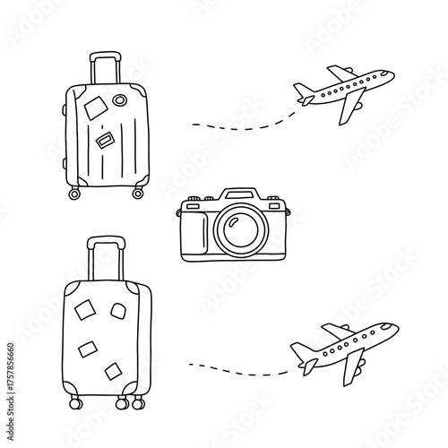 Travel Essentials - Suitcases, Camera, and Airplanes.